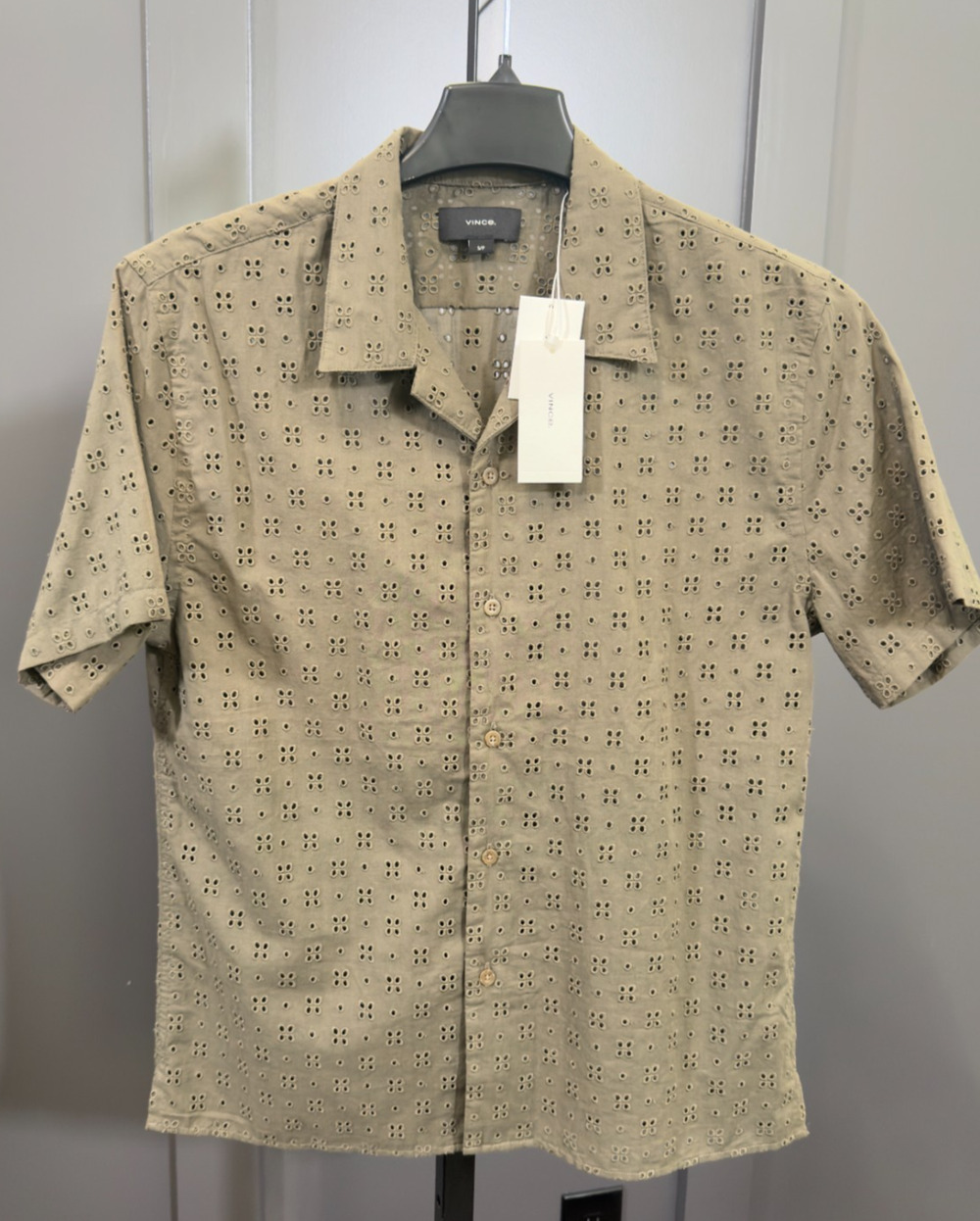 VINCE. Short Sleeve Eyelet Embroidered Shirt Olive Green S NWT